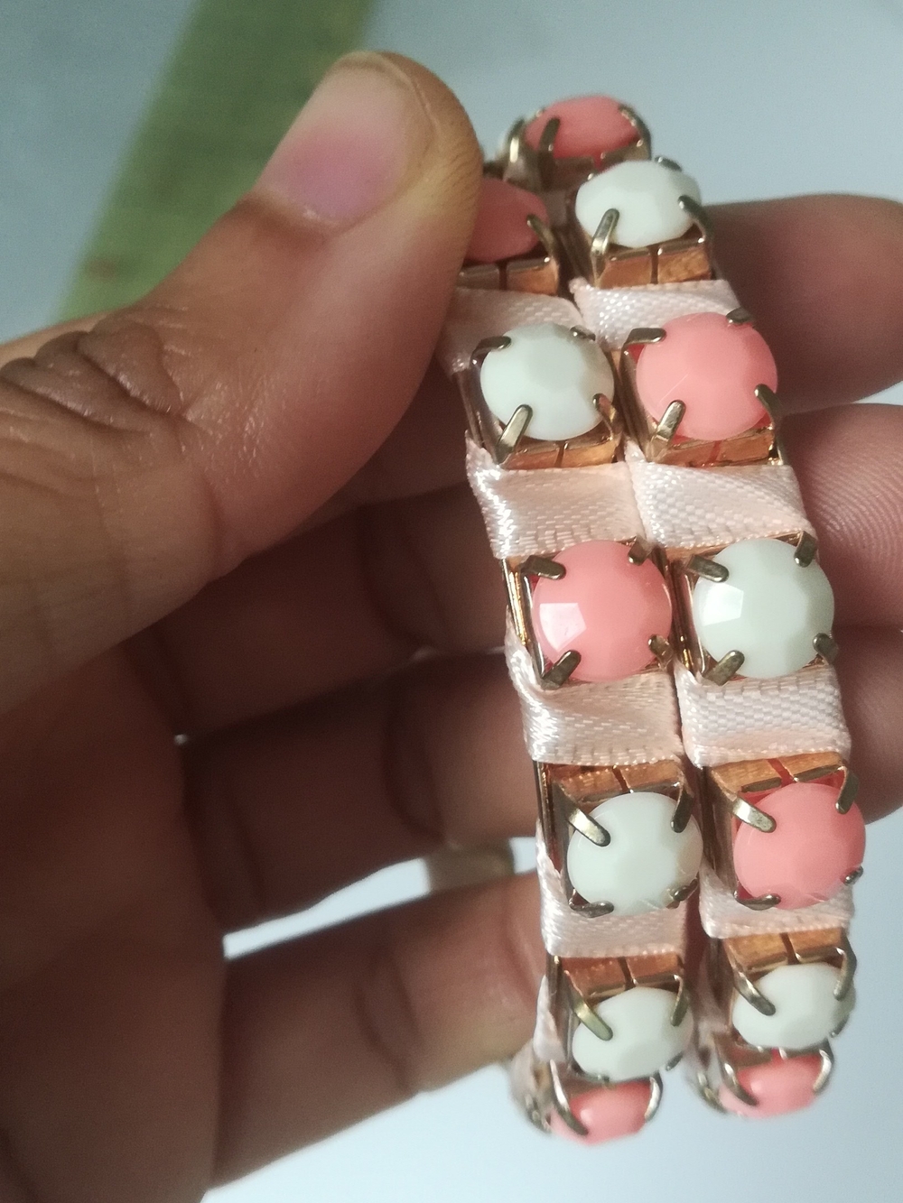 Pink and Cream Stone Ribbon Bracelet Set